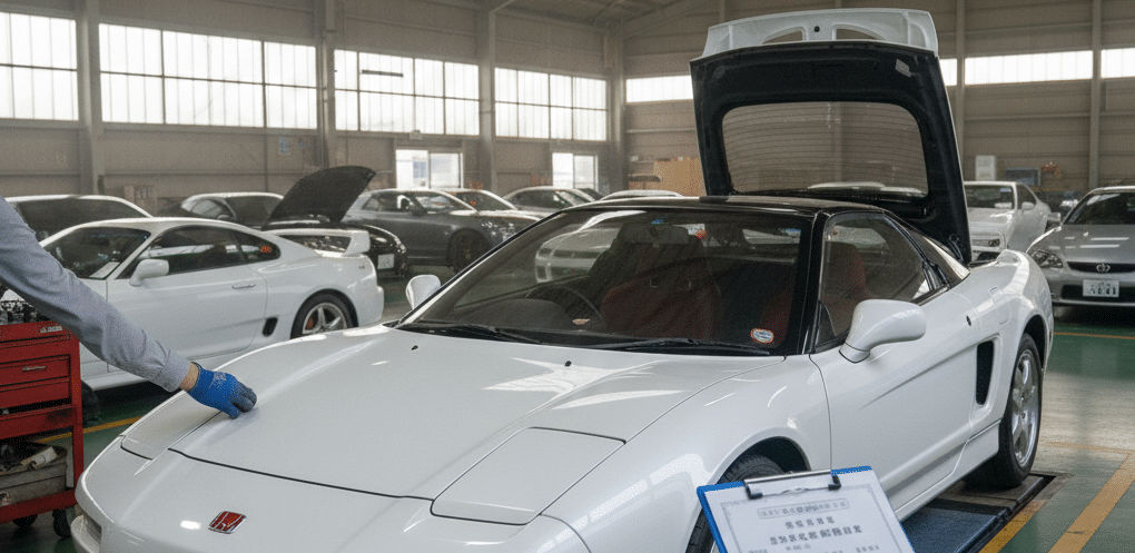 JDM vehicle being inspected in Japan as part of an import to order purchase for Montreal