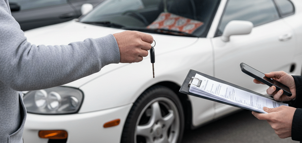 JDM car handoff to customer with inspection checklist and keys at pickup