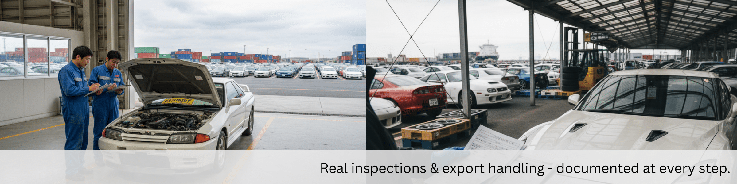 JDM import process: mechanic inspection and export yard handling before shipment